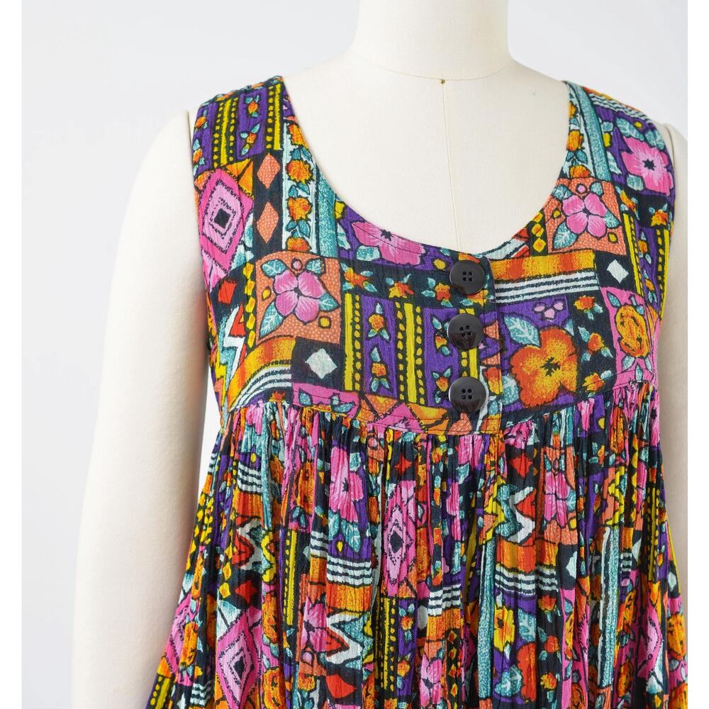 Vintage 90s Rayon Gauze Patchwork Dress Boho Artsy Mixed Print Pocket Dress S - Picture 4 of 9